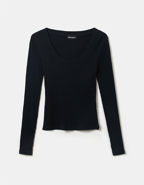 Ladies Black Basic Long Sleeve Top-Ghost Front View