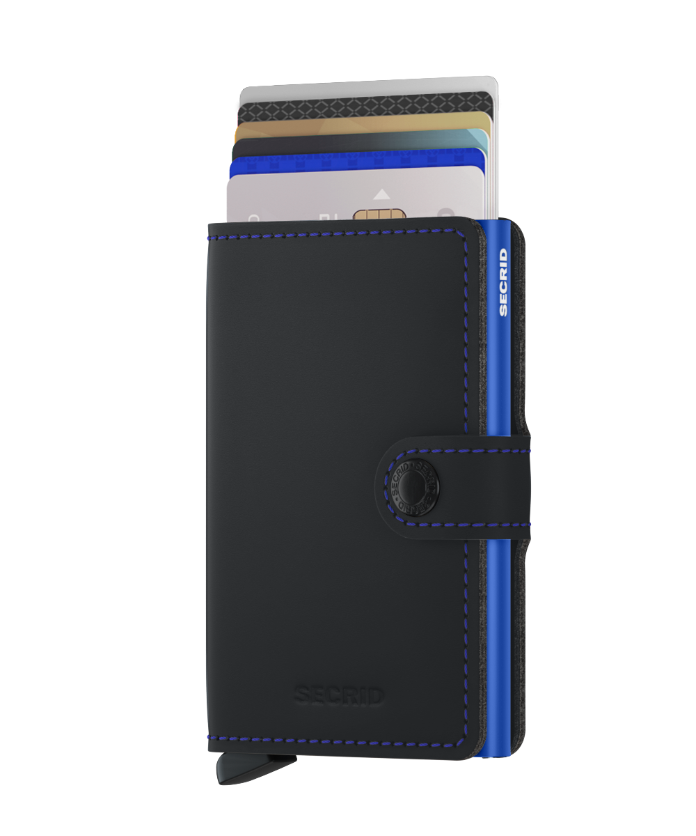 Secrid Matte Black/Blue Miniwallet-Front View with Cards