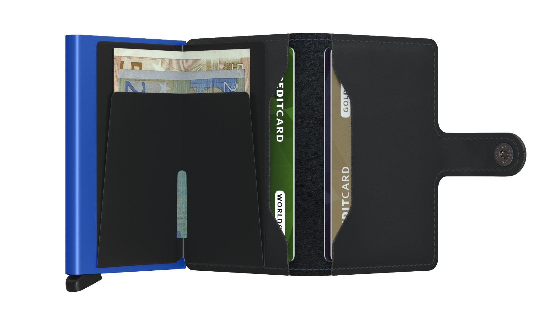 Secrid Matte Black/Blue Miniwallet-Opened View