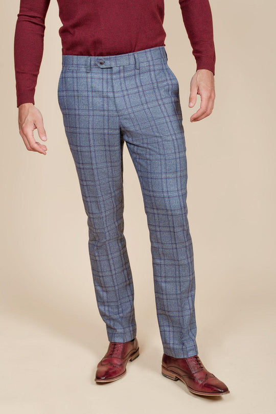 MARC DARCY Abbott Blue Tweed Check Tapered Fit Trousers BLUE front view