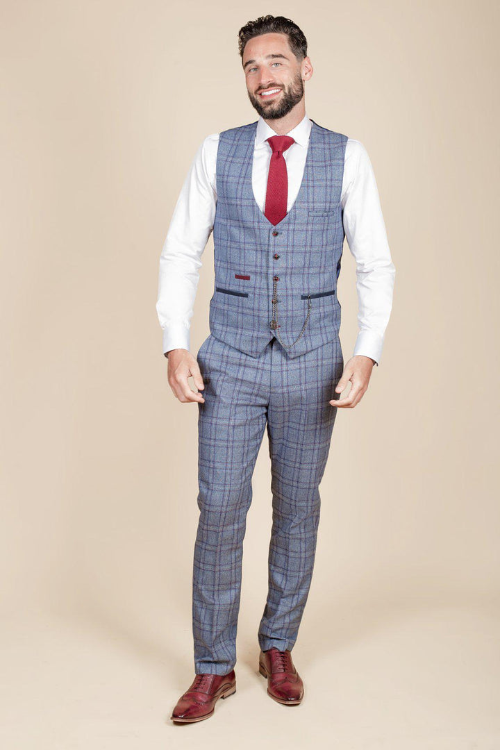 Men's Abbot Blue Check Tweed Waistcoat-Full model view