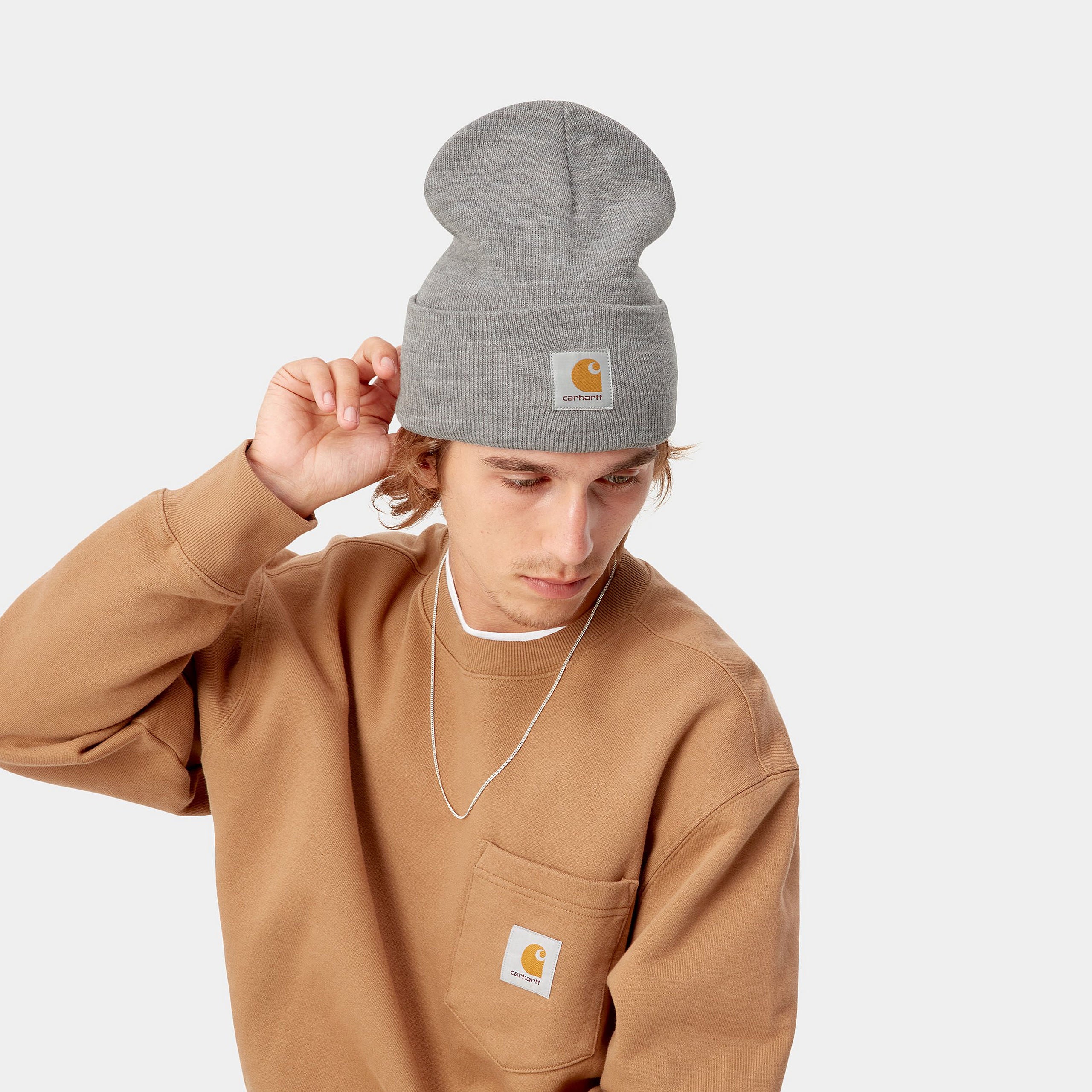 Acrylic Watch Hat-Grey Heather-Model Front View