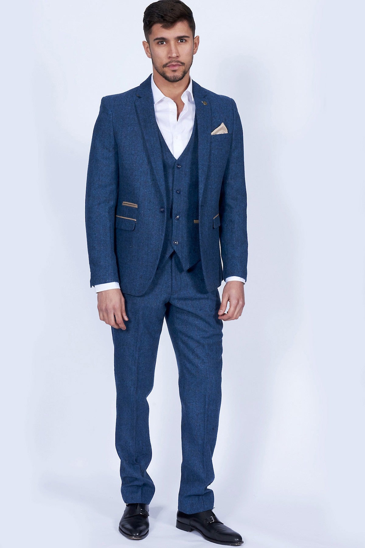 MARC DARCY Dion Tweed Herringbone Blazer by Marc Darcy Blue front view