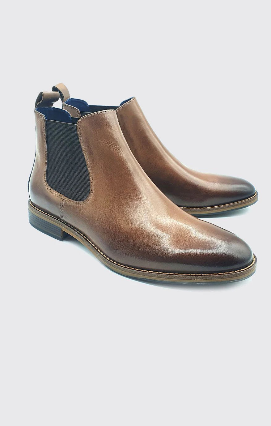 Men's Steed Slip on Tan Boot-Side View with Both Boots