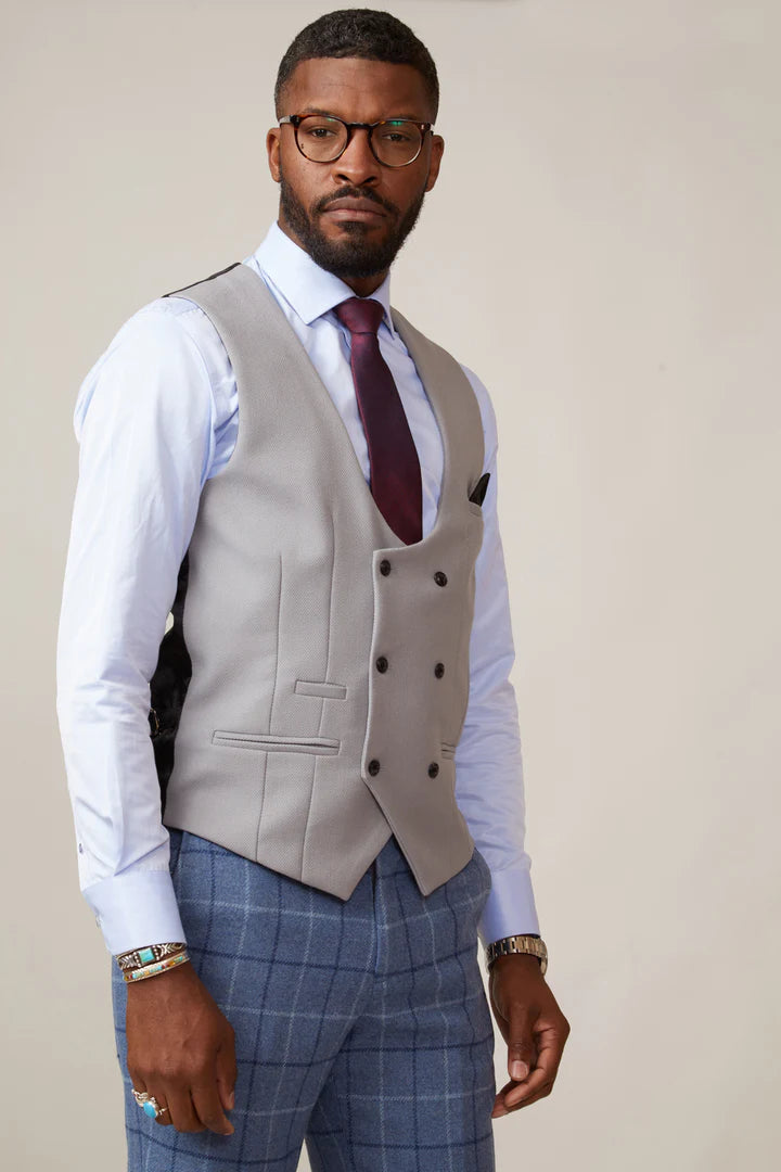 MARC DARCY Kelvin Double Breasted Silver Waistcoat Silver front view