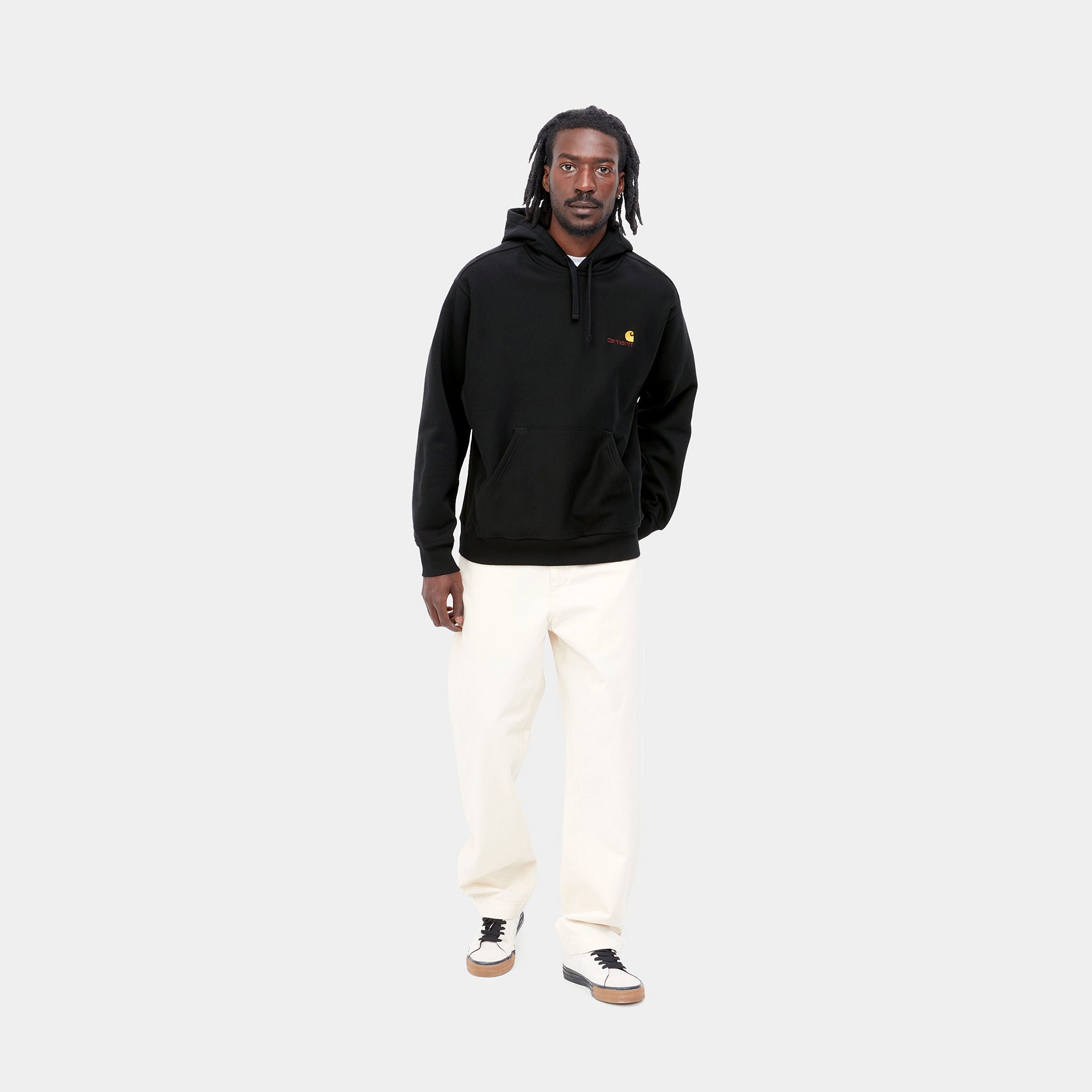 Men's Hooded American Script Sweat-Black-Model Front View