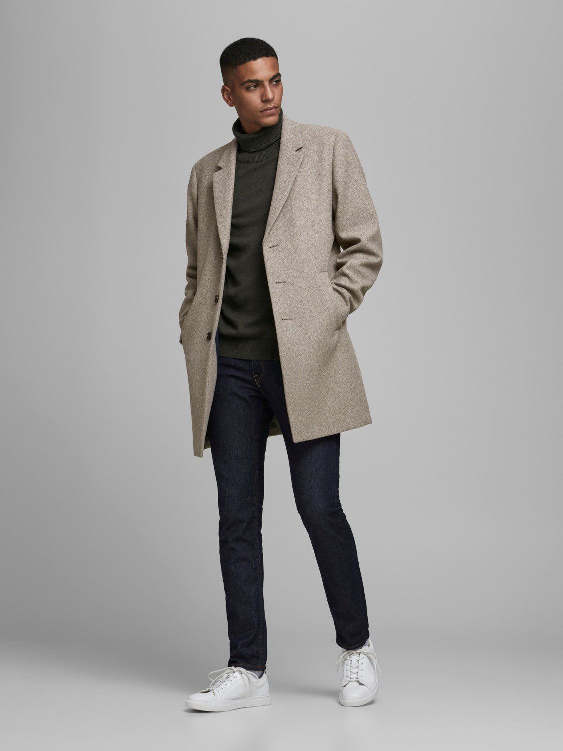 Moulder Greige Mens Wool Coat-Full model view