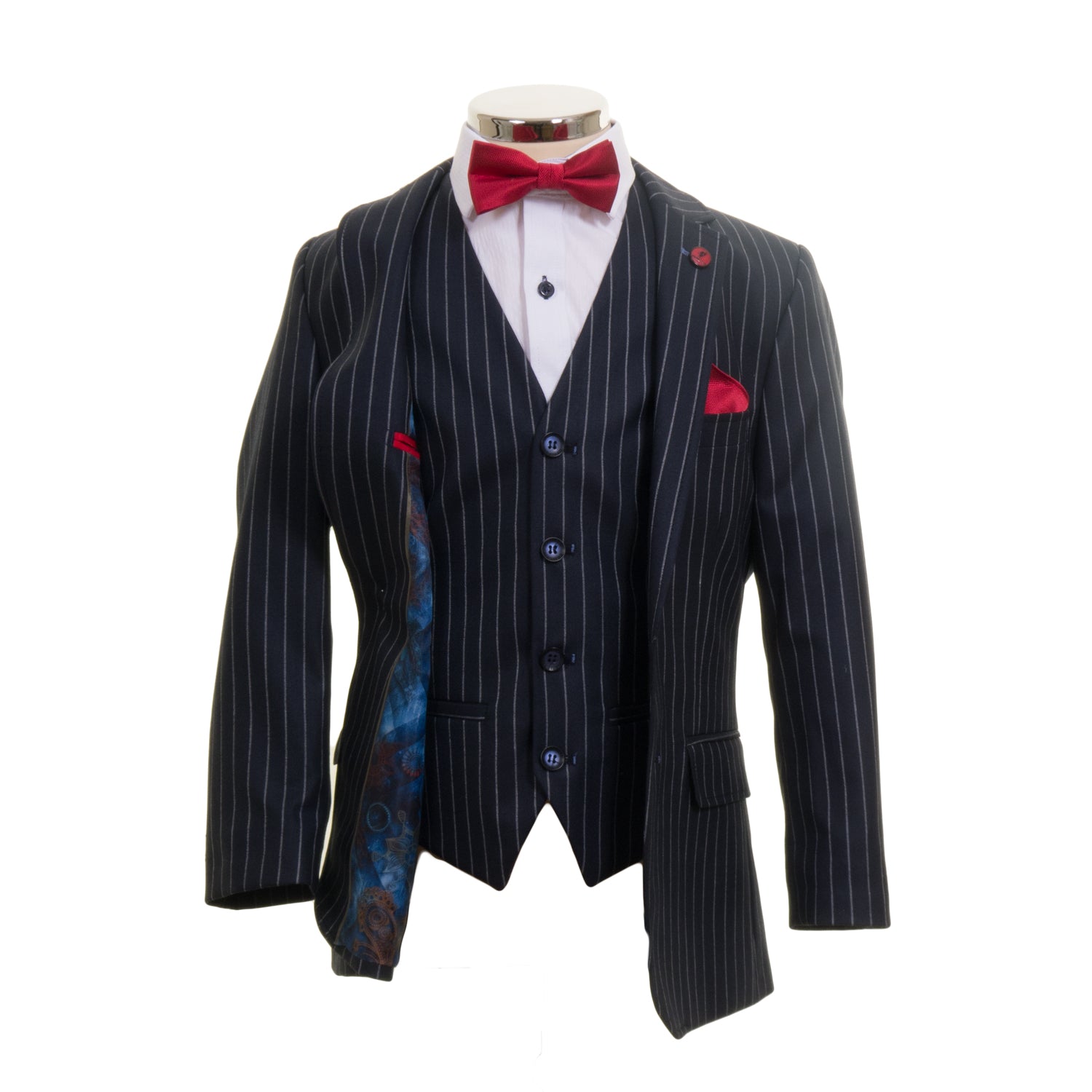 Benetti Boyswear Mcgregor Boys Navy Pinstripe 3 Piece Suit Navy Pinstripe front view