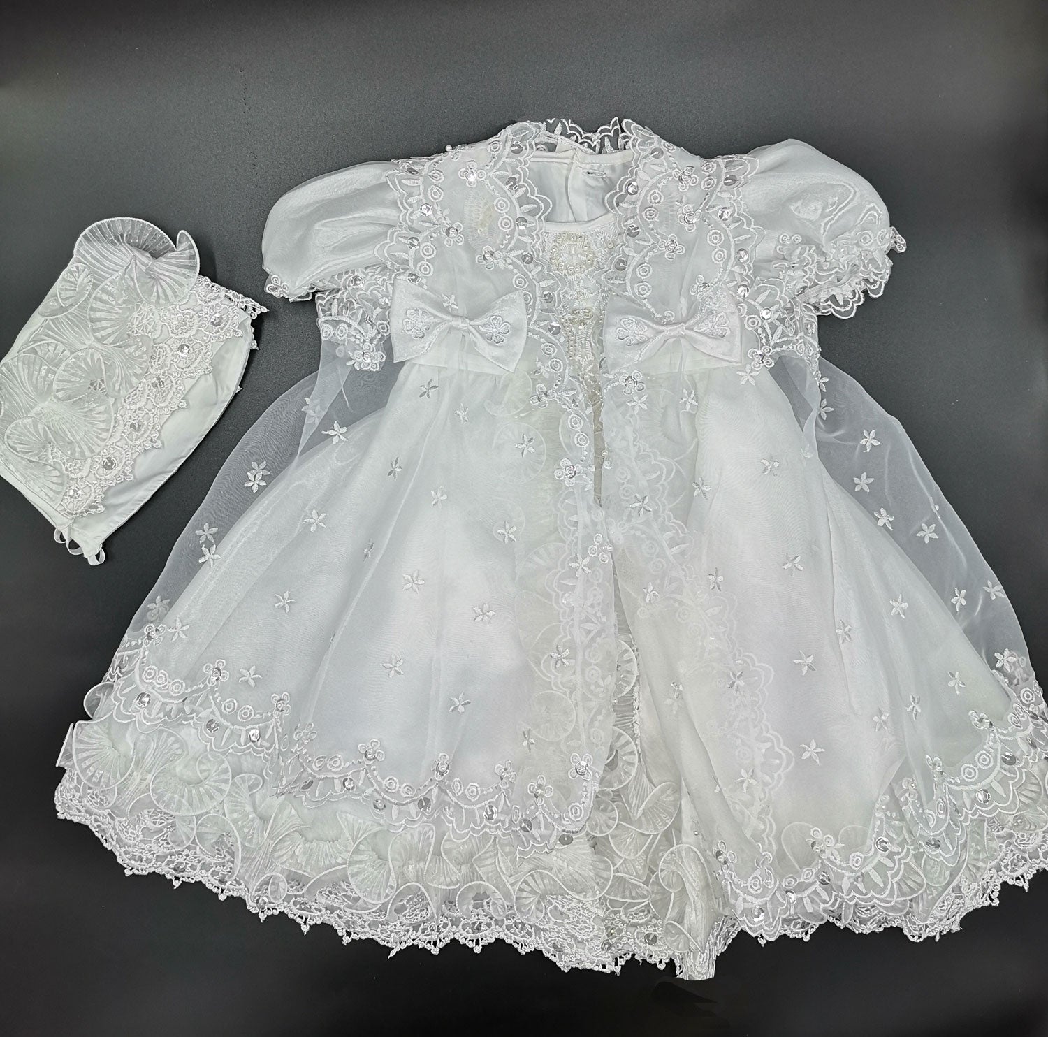 FASHION LAYER Pearl And Lace Christening Dress WHITE front view