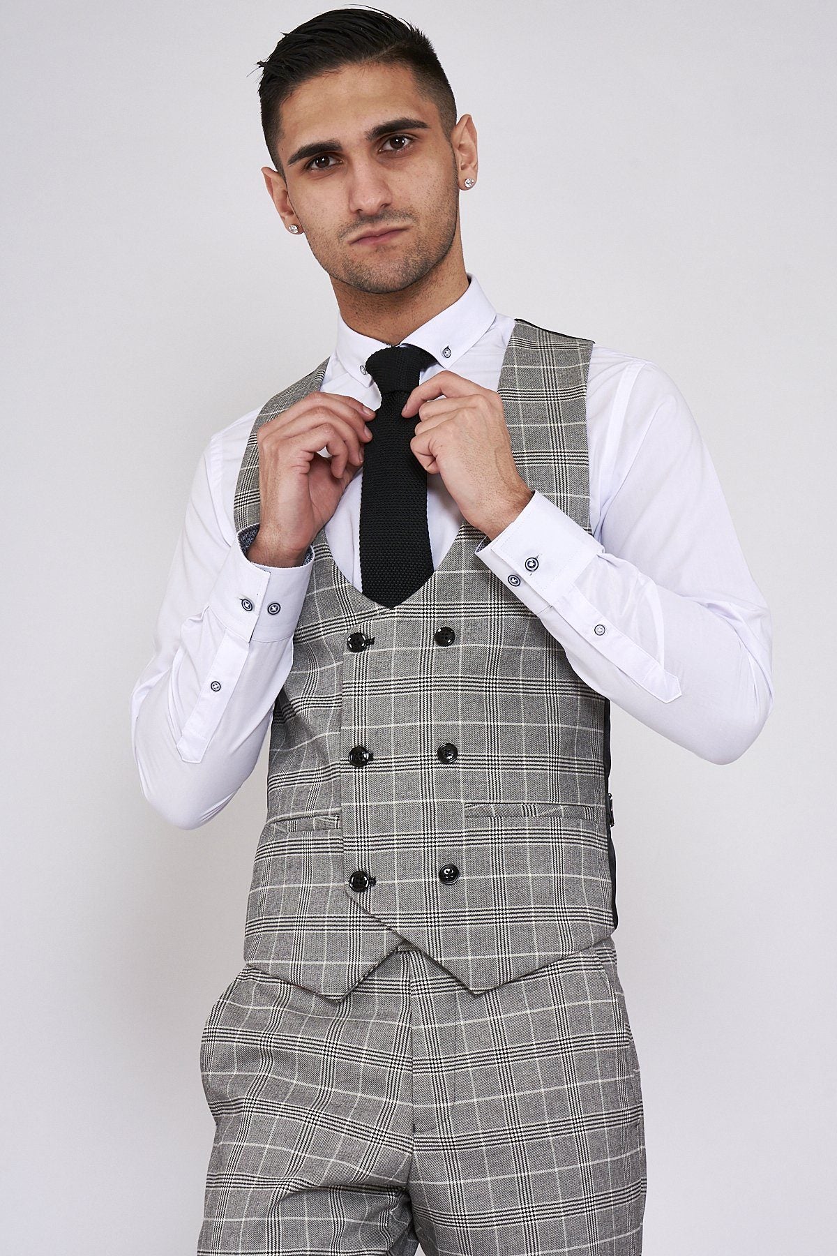 MARC DARCY Ross Check Waistcoat GREY CHECK model front view