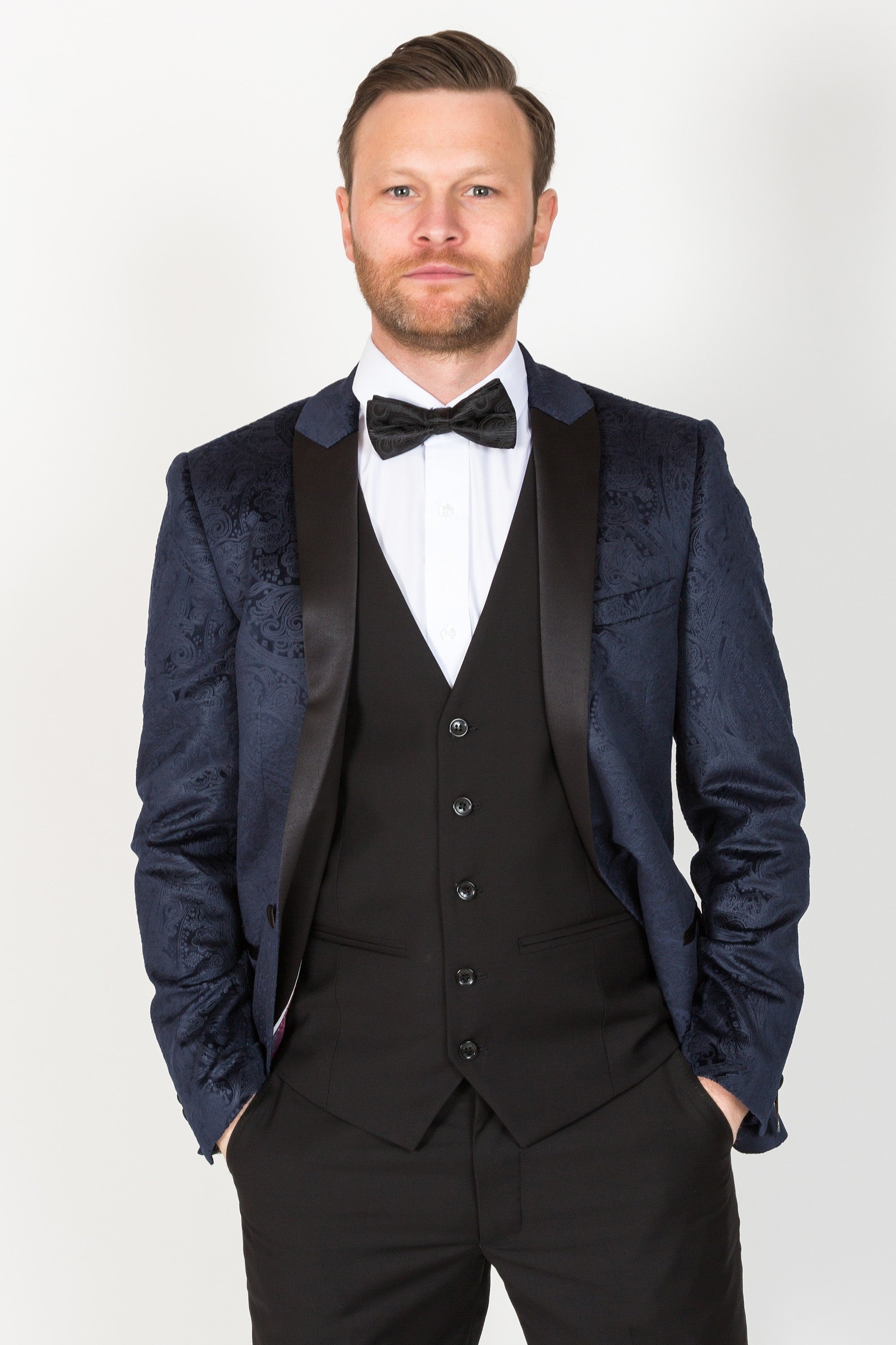 MARC DARCY Simon Velvet Navy Tux Lapel Jacquard Blazer by Marc Darcy Navy model front view