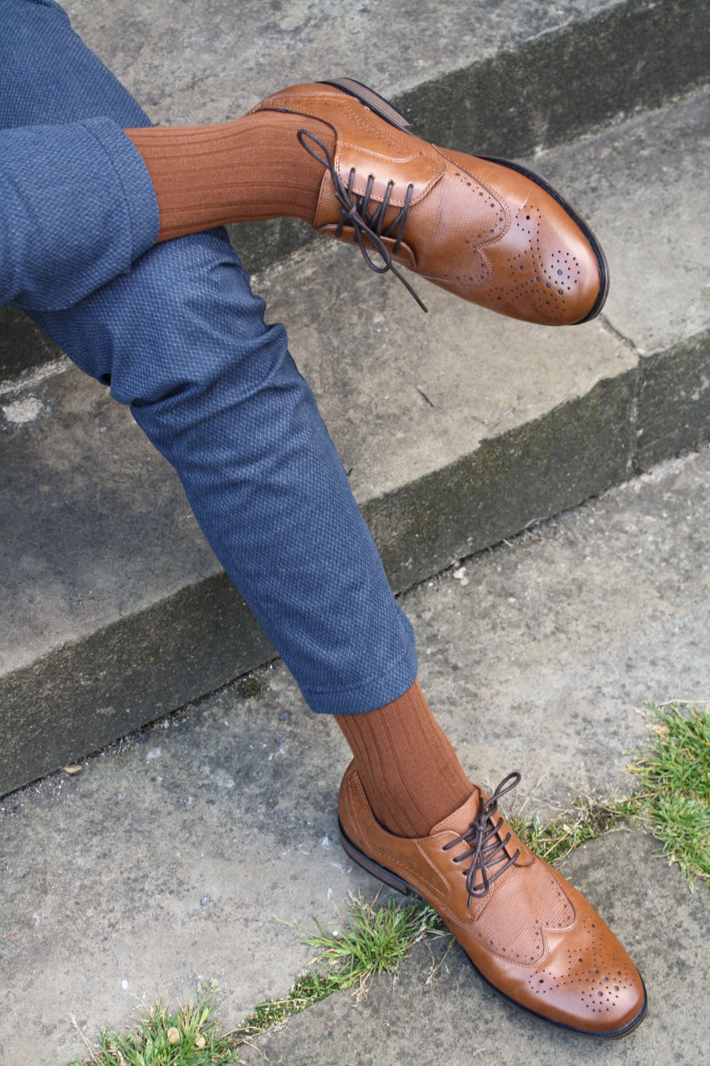 Plain chestnut mens ribbed socks-By Swole Panda-Shoe view