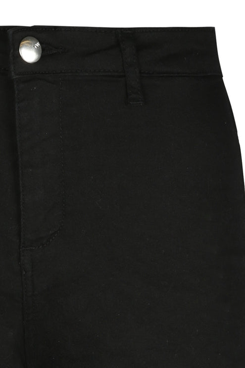 Side view of women's black denim shorts