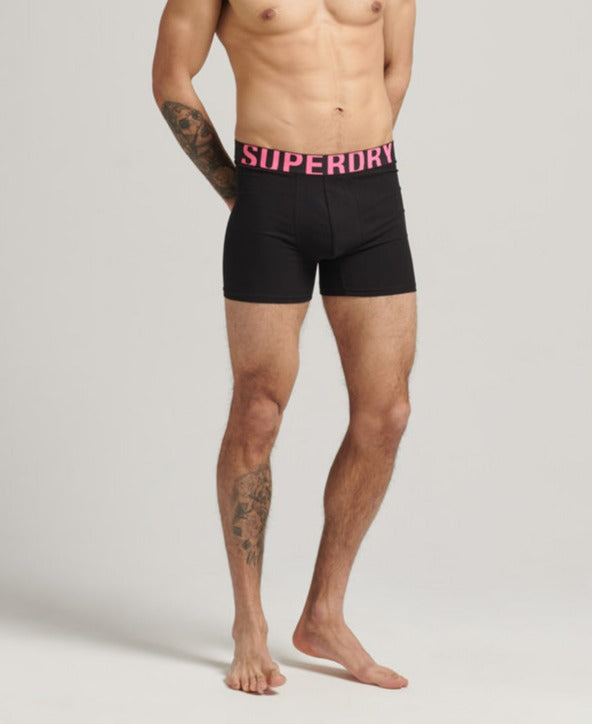 SUPERDRY Boxer dual logo double pack Black/Black Fluro Black/Black Fluro front view