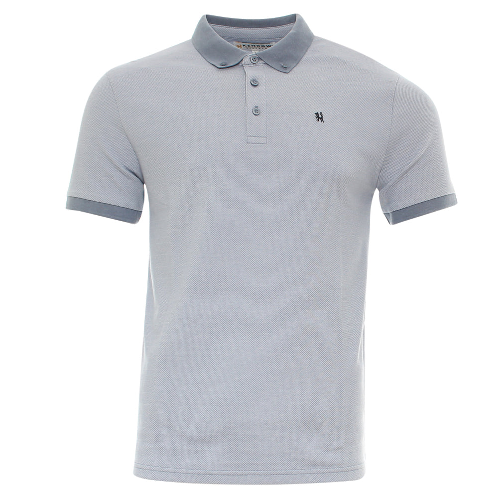 Kenrow Brett Polo Powder Blue front view with textured fabric, contrasting collar and cuffs, three - button placket, and embroidered logo on the chest.