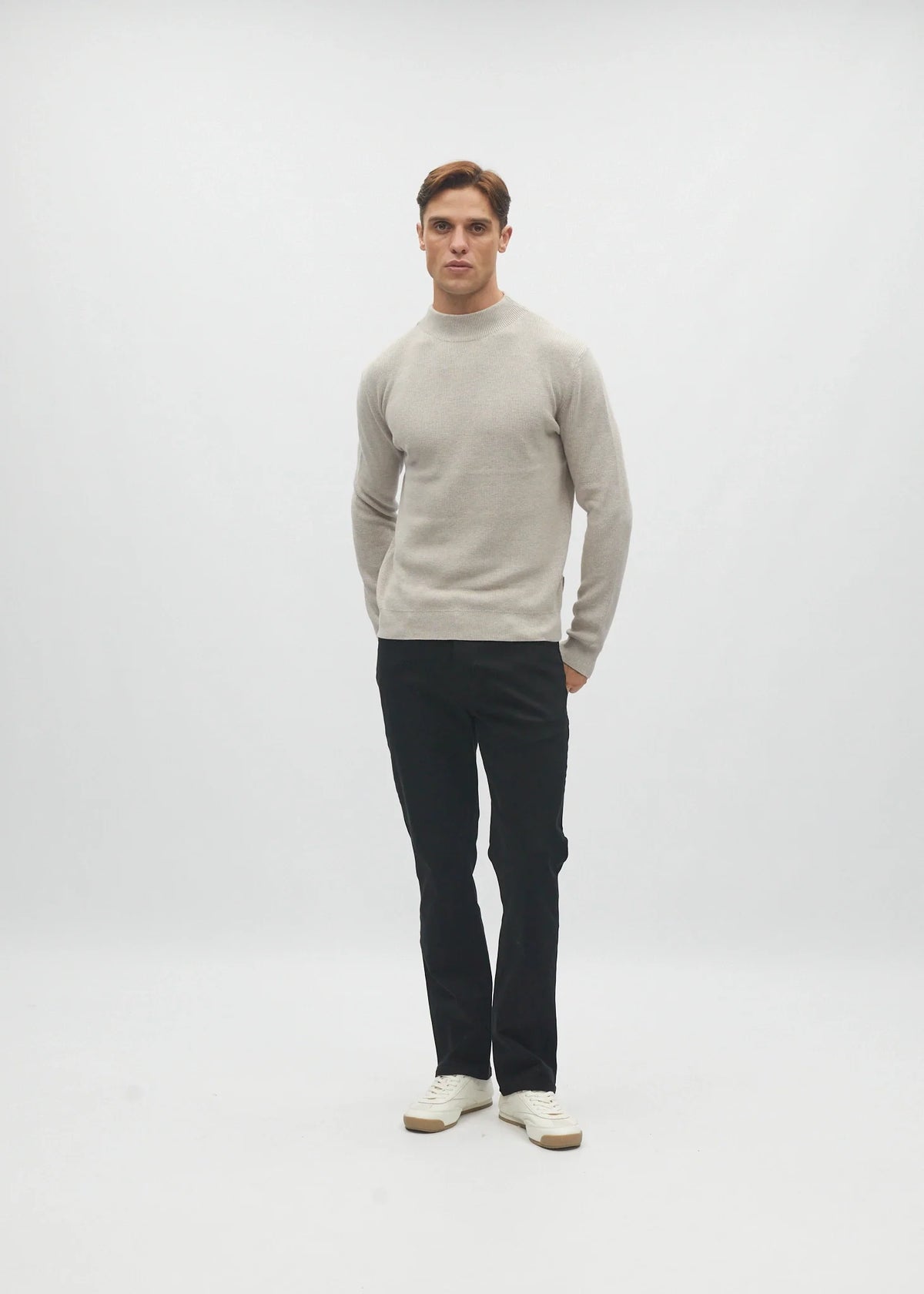 Diesel Daxton Sweater Beachcomber in light grey worn by model, front view