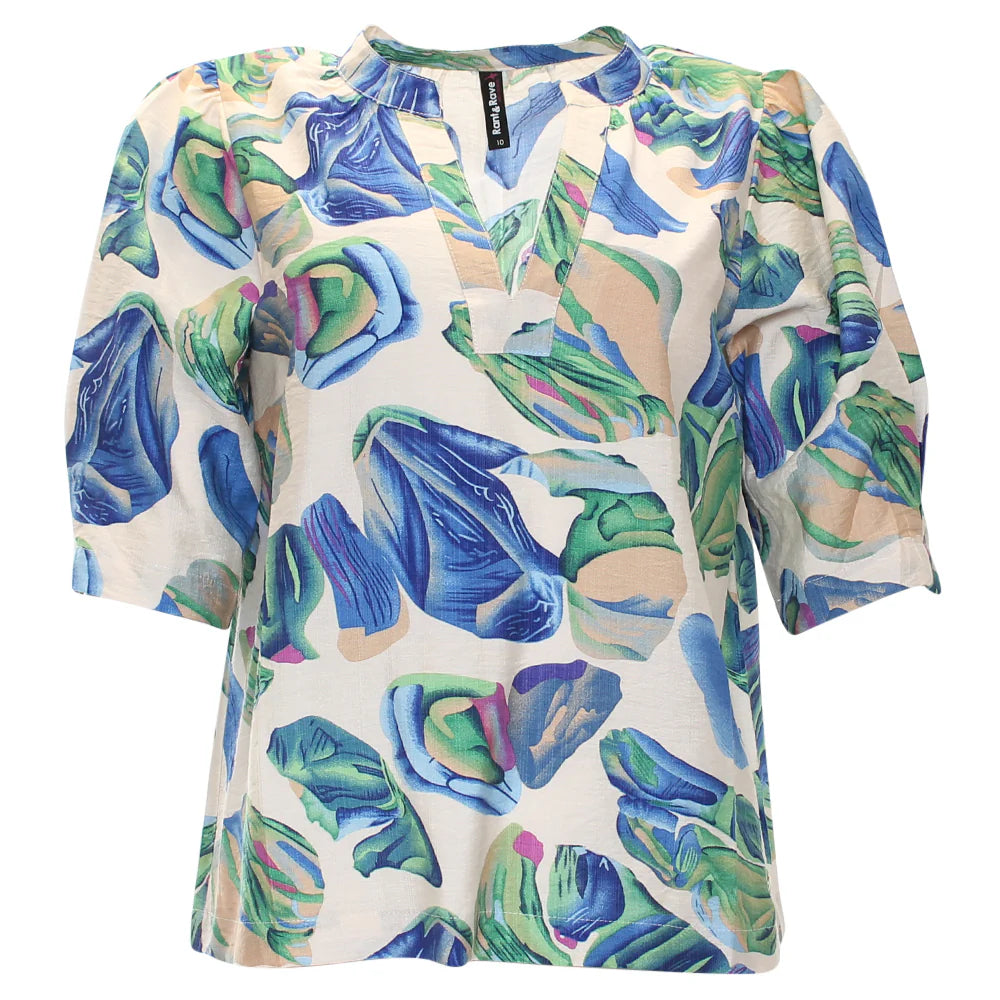 Rant & Rave East Top in blue floral print, front view