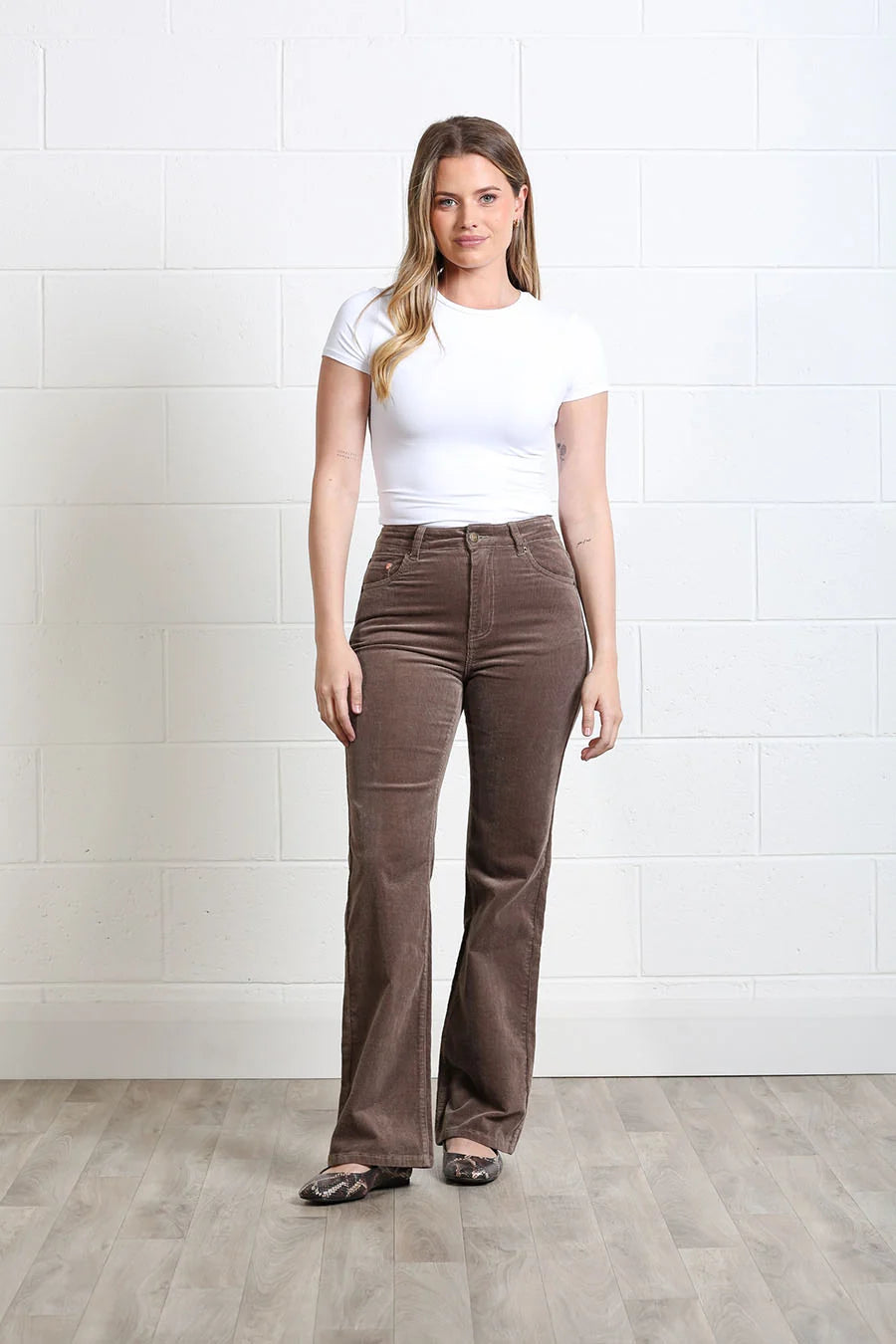 Rant & Rave Emily Wide Leg Cord Taupe trousers worn by a model, front view