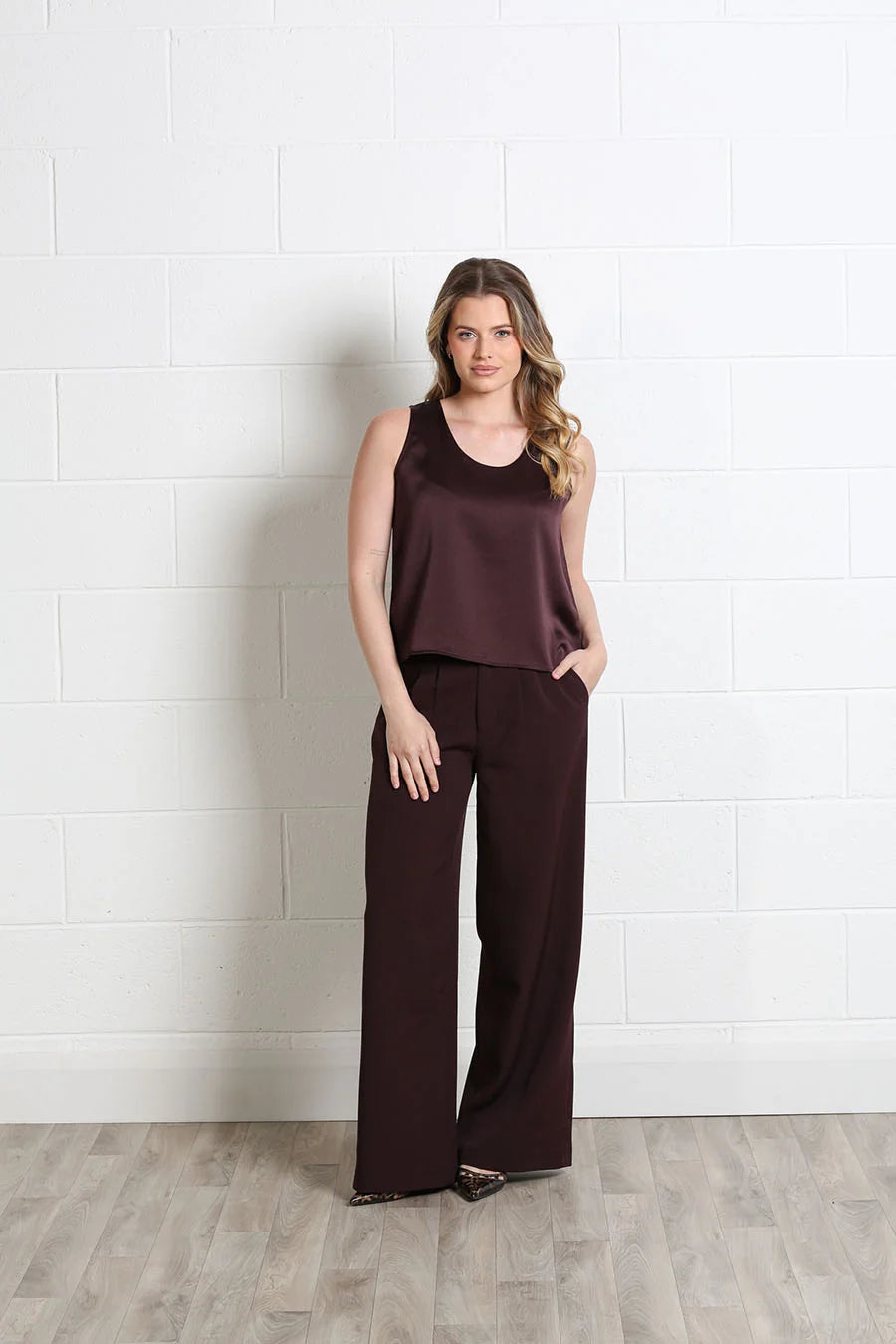 Rant & Rave Emma top in Aubergine worn by model, full front view