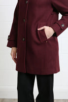 Rant & Rave Georgia Coat in deep port, front view showing button placket, flap pockets and cuff tabs