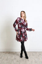 Rant & Rave Grace dress in burgundy floral, front model view with tie waist and long sleeves.