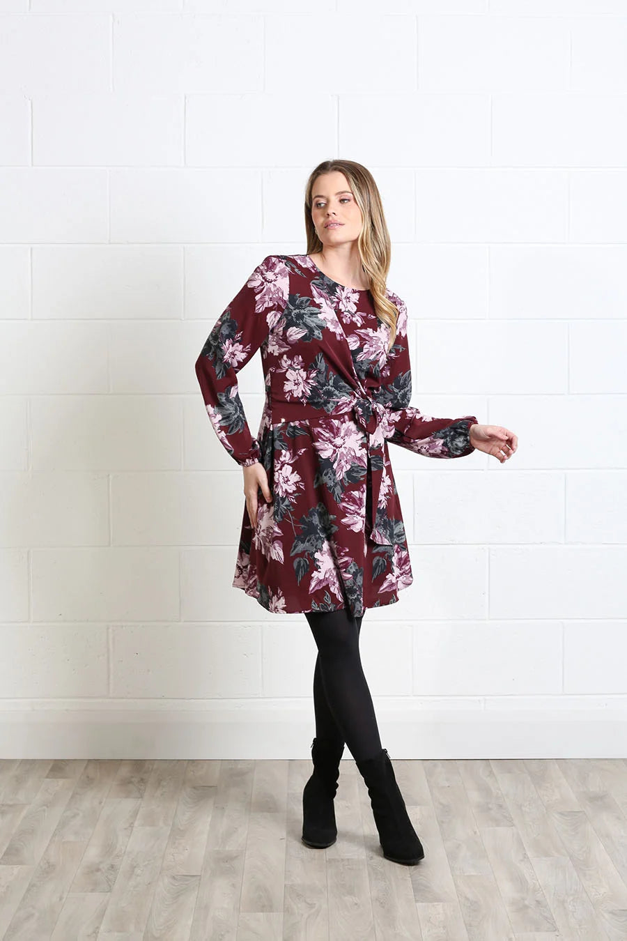 Rant & Rave Grace dress in burgundy floral, front model view with tie waist and long sleeves.