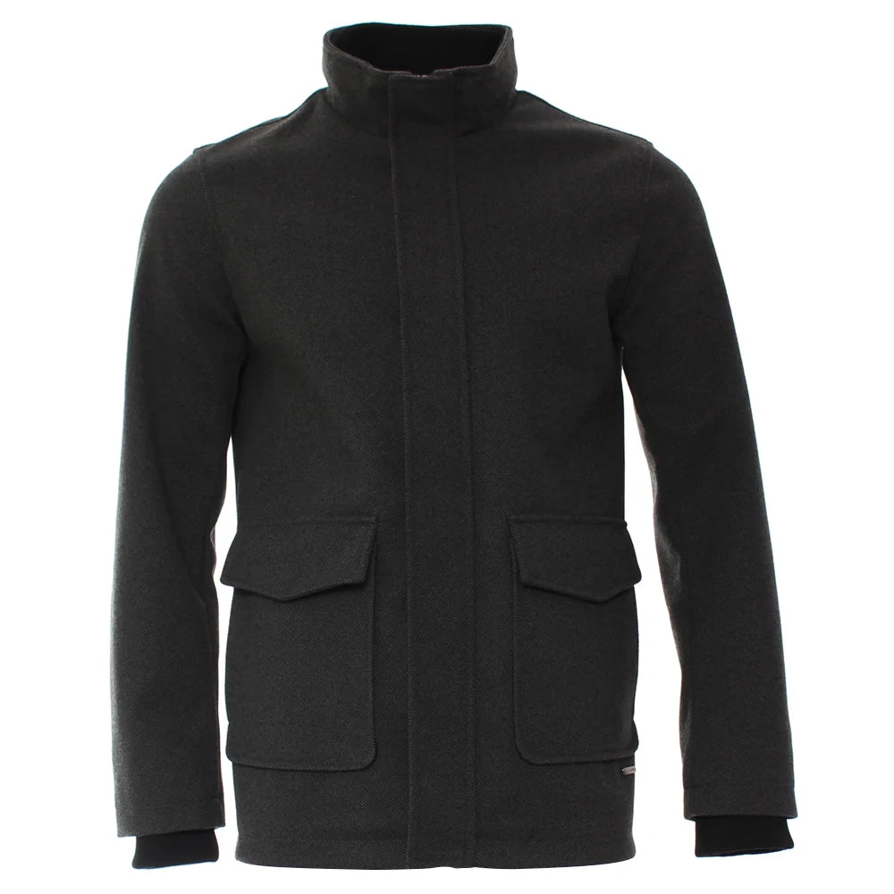 Kenrow Huxley Coat in charcoal, front view showing high funnel neck, concealed front zip, two large patch pockets with flaps and ribbed cuffs.