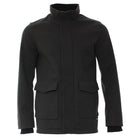 Kenrow Huxley Coat in charcoal, front view showing high funnel neck, concealed front zip, two large patch pockets with flaps and ribbed cuffs.