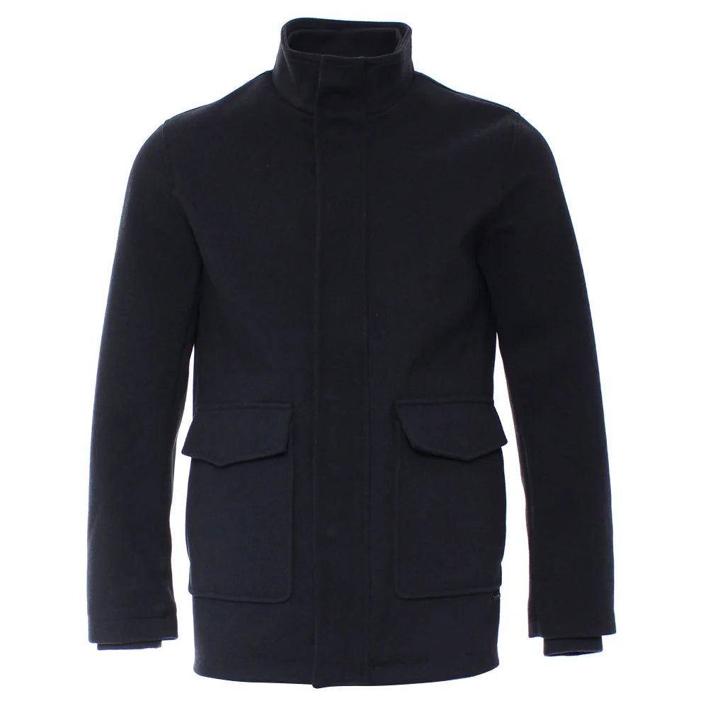 Kenrow Huxley Coat in navy, front view showing button placket, collar, and two flap pockets