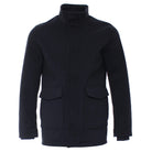 Kenrow Huxley Coat in navy, front view showing button placket, collar, and two flap pockets