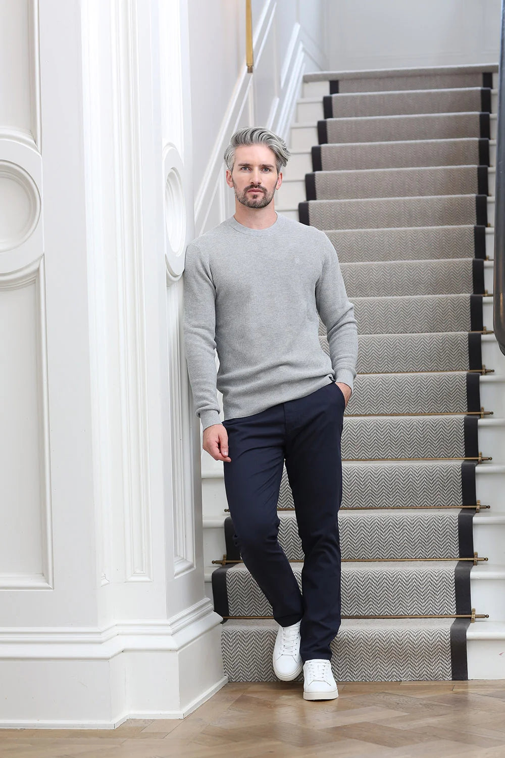 Kenrow Jett Chino Navy worn by model, full - length front view with hands in pockets
