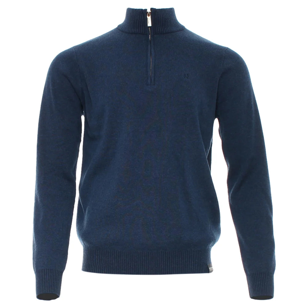 Kenrow Justin Half Zip Blue Melange sweater front view with ribbed collar and cuffs