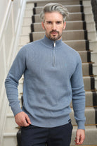 Kenrow Justin half zip jumper in powder blue melange worn by model, front view