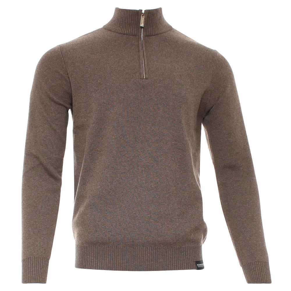 Kenrow Justin Half Zip Stone Melange sweater front view with ribbed collar and cuffs