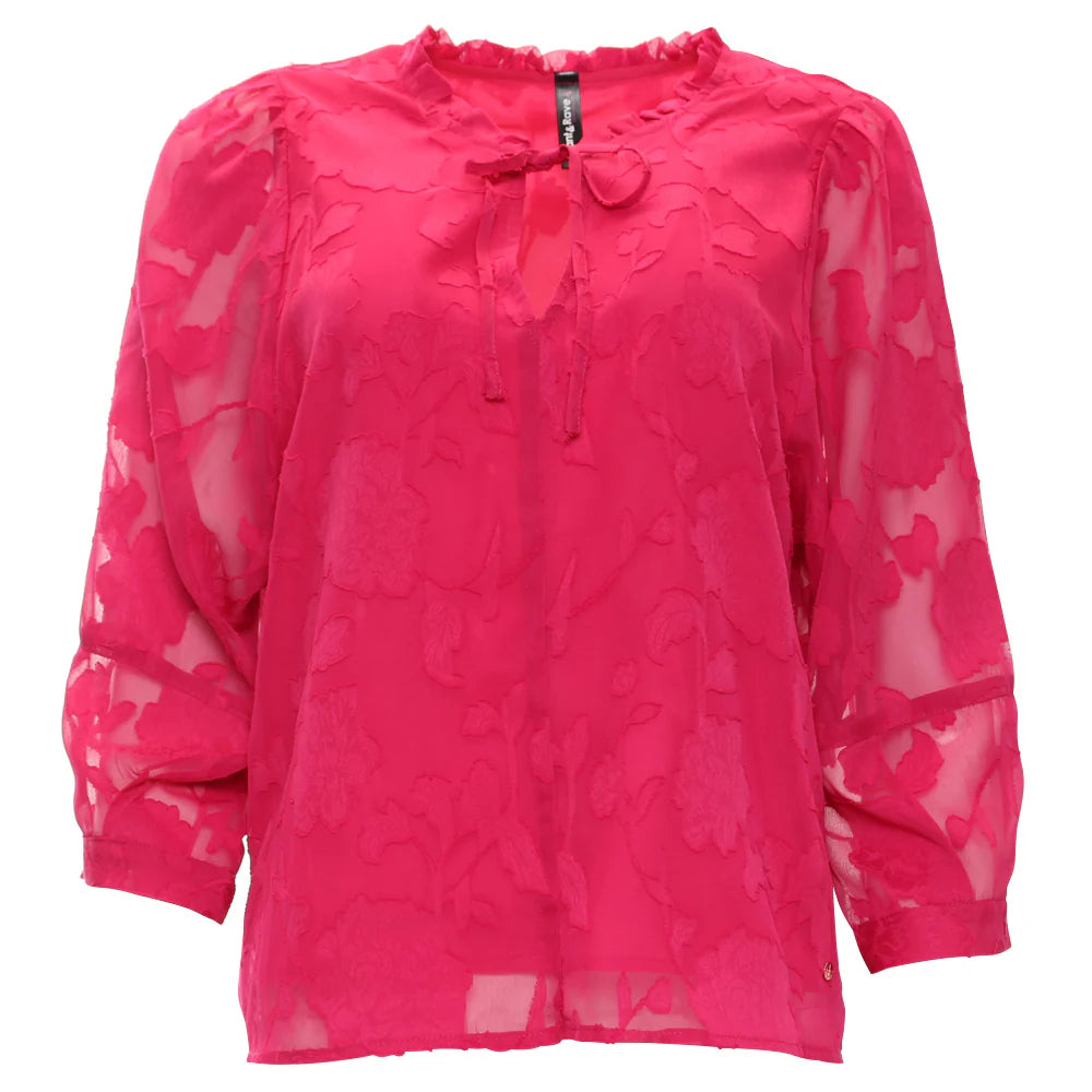 Rant & Rave Primrose top in cerise, front view with sheer floral texture and tie neckline