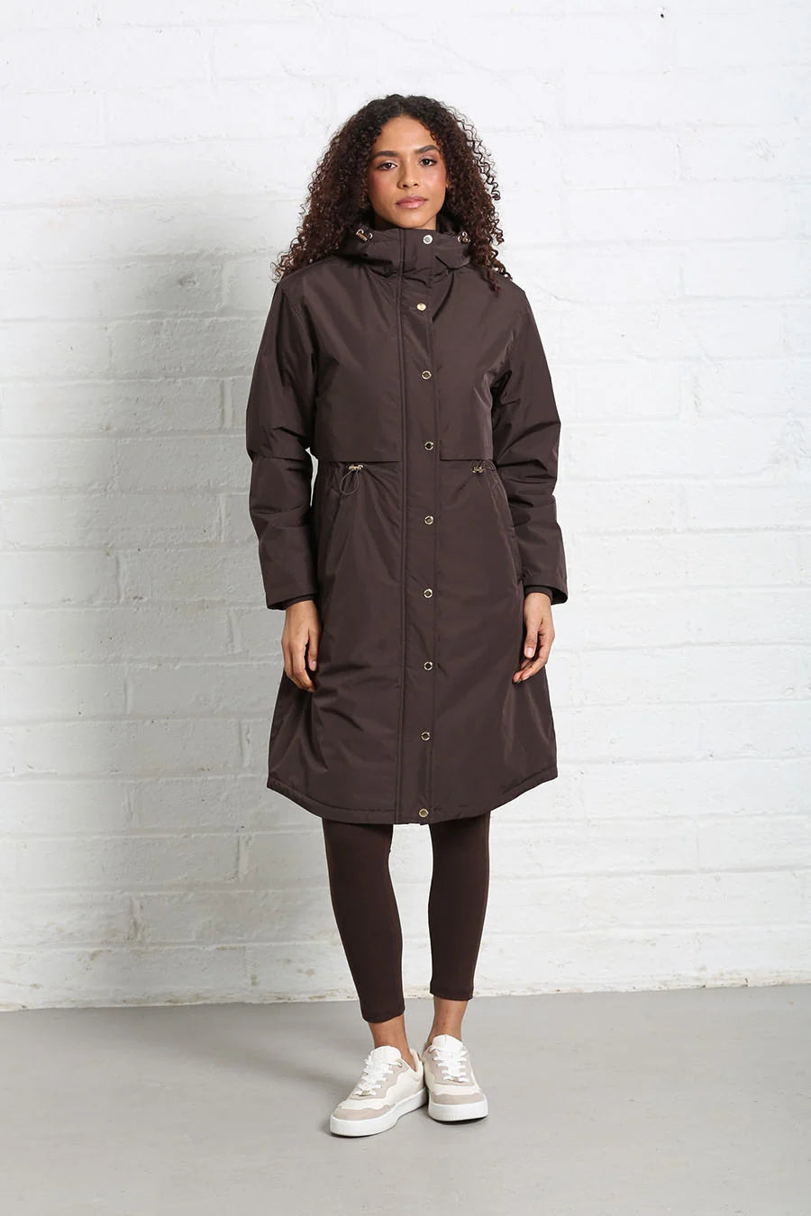 Rant & Rave Relax & Renew Becca jacket in chocolate brown, front model view with hood and drawstring waist