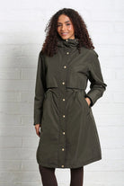 Rant & Rave Relax & Renew Becca jacket in khaki, front model view with hooded high neck and drawstring waist.