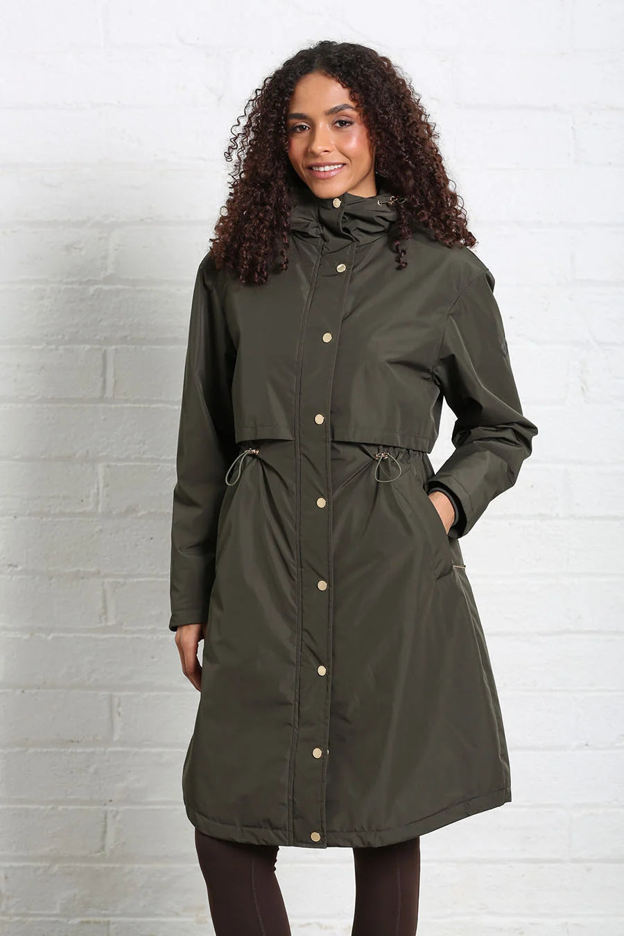 Rant & Rave Relax & Renew Becca jacket in khaki, front model view with hooded high neck and drawstring waist.