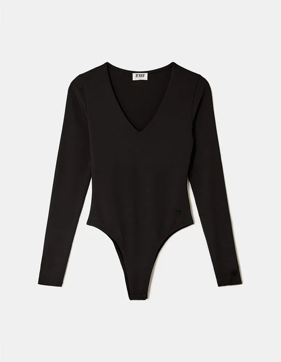 Tally Weijl black V-neck long sleeve bodysuit, front product view