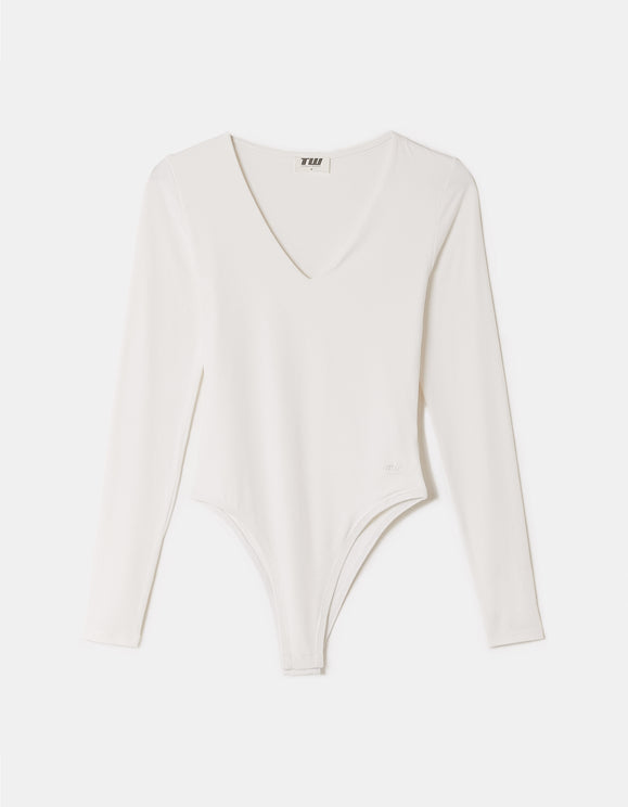 Tally Weijl white V-neck long sleeve bodysuit, front product view