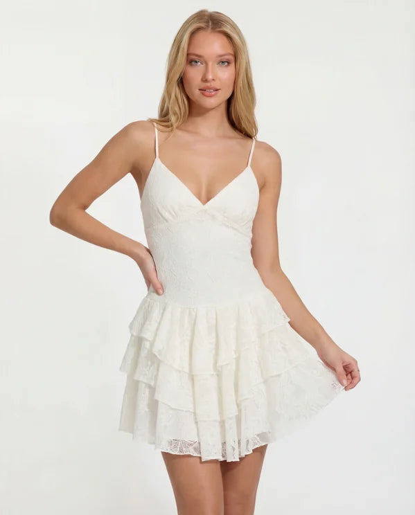 Tally Weijl white lace ruffle mini dress worn by model, front view