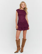 Tally Weijl Burgundy Lace Mini Dress worn by model, front view