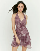 Tally Weijl printed mini dress in multi, front model view with halterneck and ruffled hem