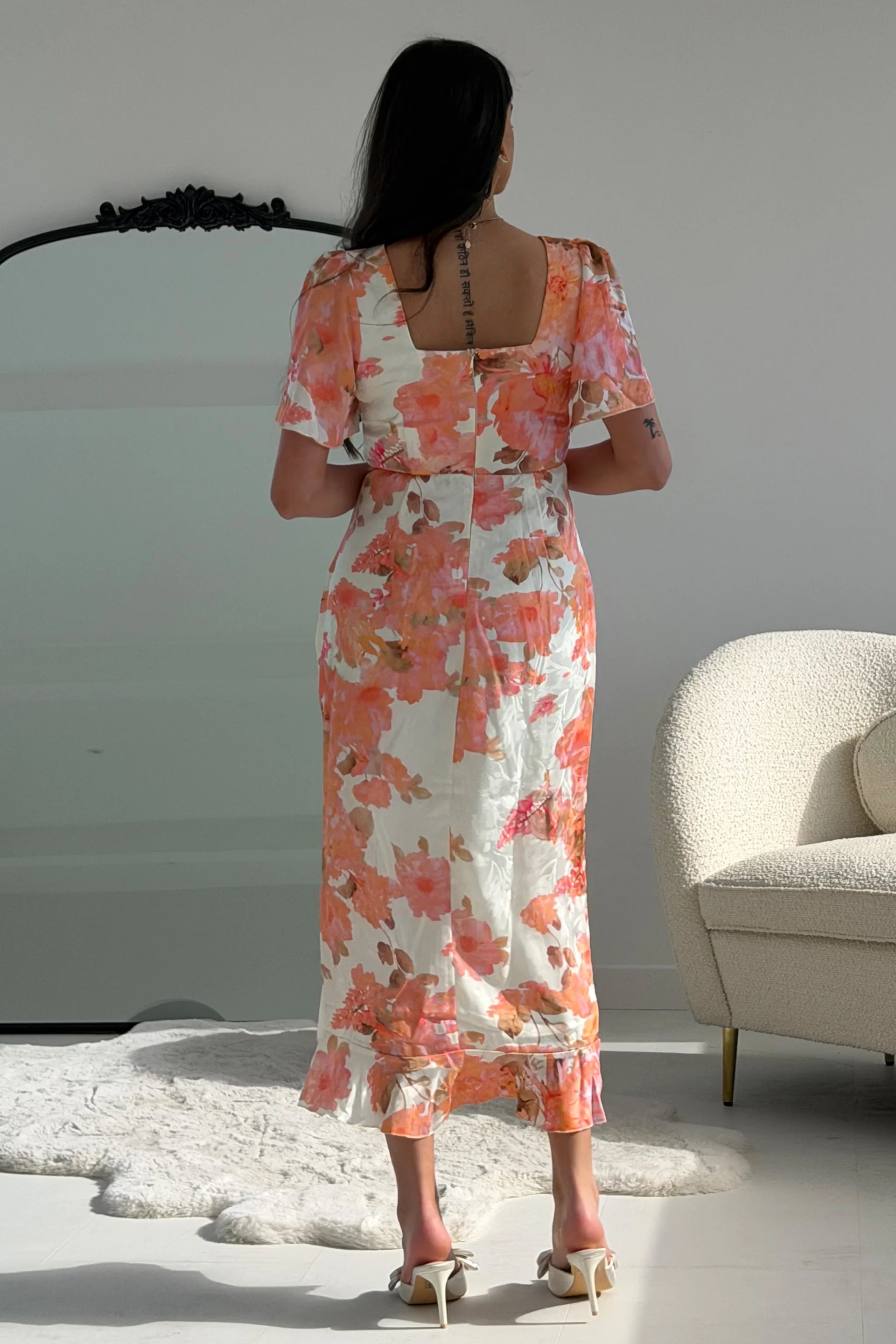 Girl In Mind Heidi Floral Print Ruched Midi Dress in Peach and White - back view