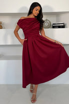 Girl In Mind Betty asymmetric neckline skater midi dress in wine, worn by model, front view with gathered bodice and full skirt
