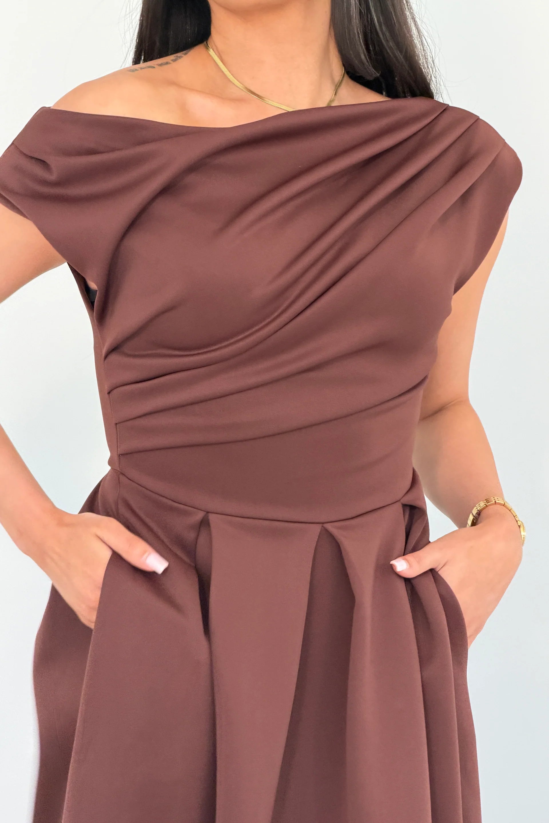 Girl In Mind Betty Asymmetric Neckline Skater Midi Brown in Brown close up front view