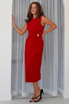 Girl In Mind Louisa red wrap detail midi dress with gold buckle, angled model view