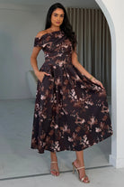 Girl In Mind Betty brown floral asymmetric neckline skater midi dress, front model view with pockets