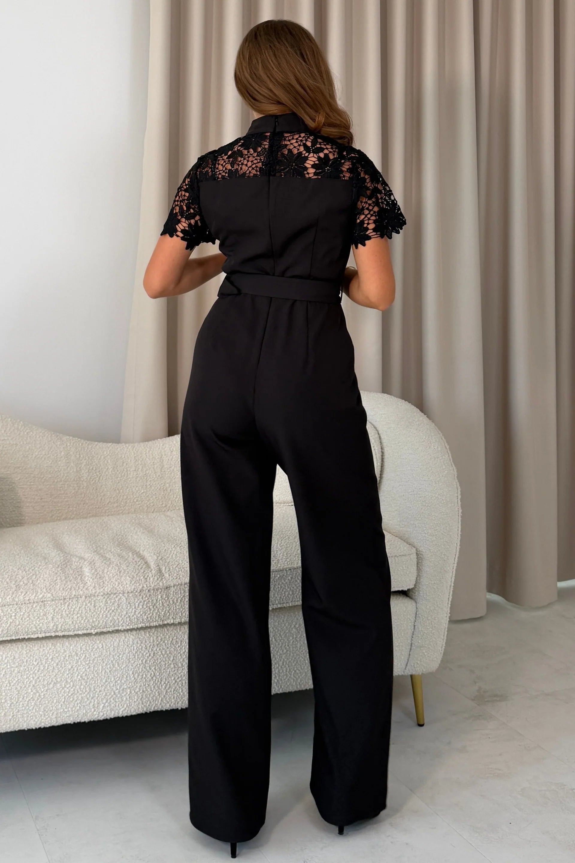 Girl In Mind Darlia black lace detail wide leg jumpsuit, back model view