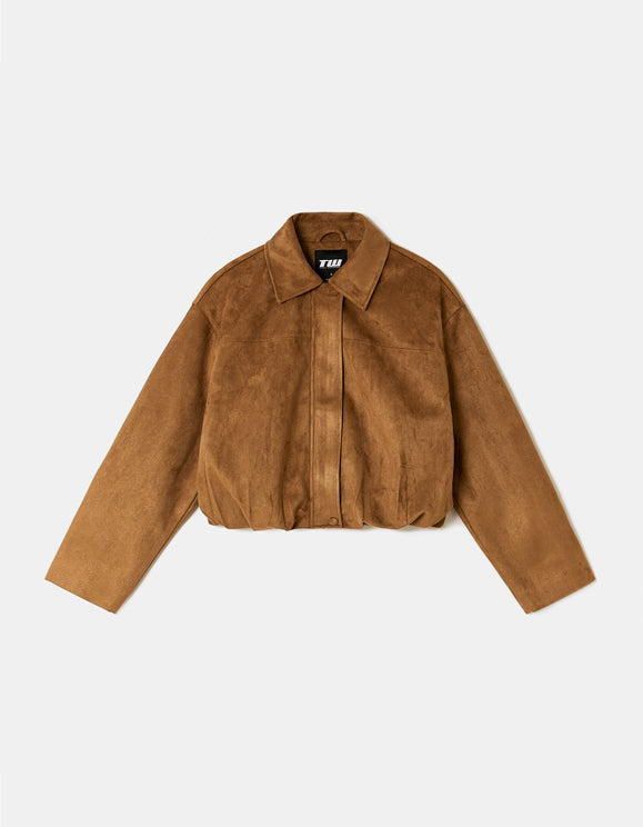 Tally Weijl brown oversized suede jacket in beige with a front view, collared neckline, and concealed front fastening.